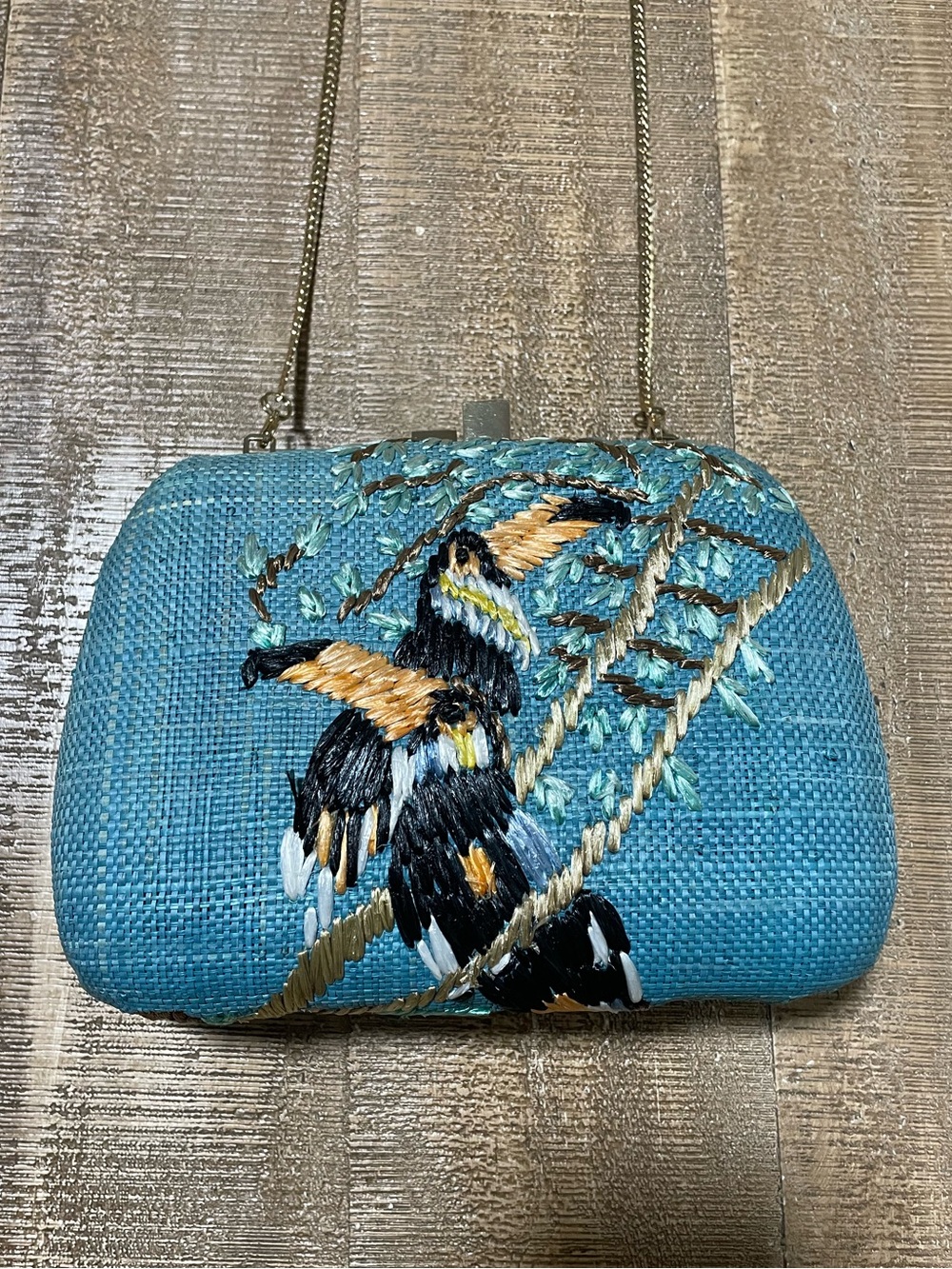 Serpui natural straw Embroidered Bird Evening artisanal box Clutch one of a kind
